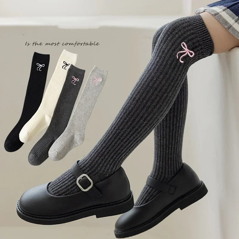 Baby Children Korean Knee High Long Socks for Girls Sweet White Bow Jacauard Cotton Legging Stocking School Sock for Kids Tights