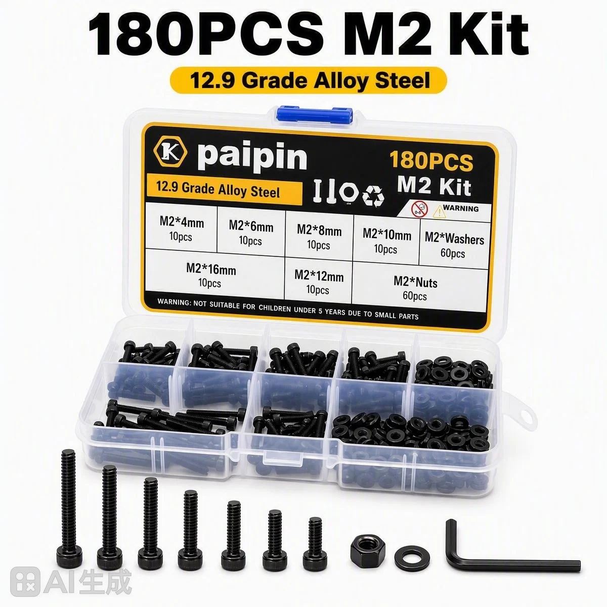 180Pcs M2 Screw Assortment Kit Hex Socket Head Cap M2 Bolts 12.9 Grade Alloy Steel 4mm-16mm for DIY Projects And Home Improvemen