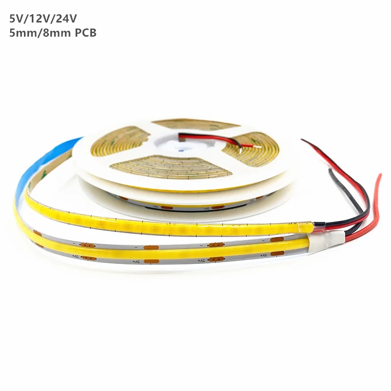 

COB Strip Light DC 5V 12V 24V 5mm 8mm Width PCB Ultra-narrow LED Strip High Density Flexible Linear Tape CRI90 5M Dimmable