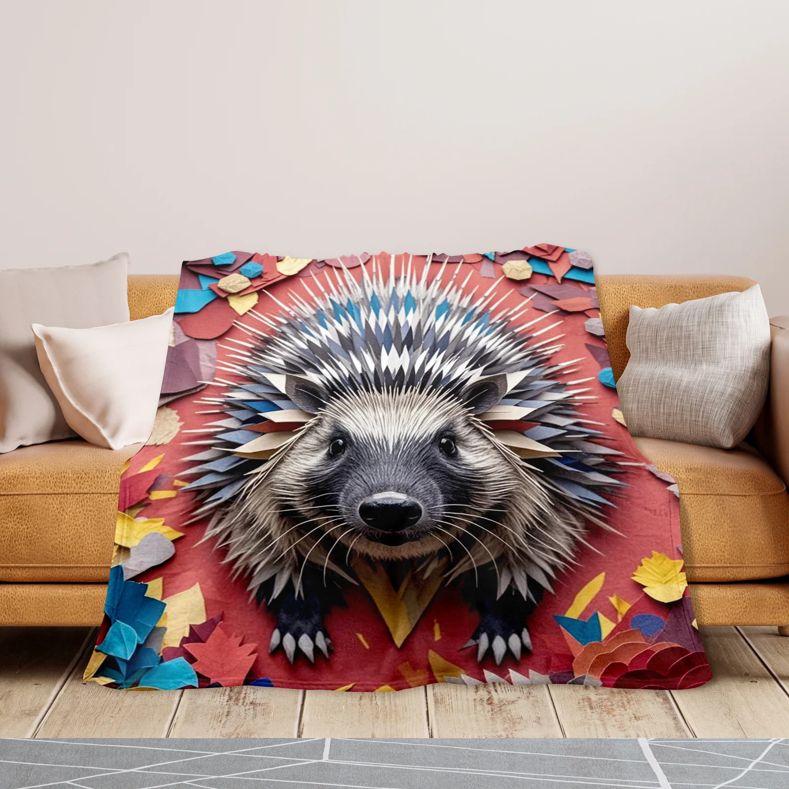 Porcupine avec feuilles patchwork et couverture design rouge pour une décoration d'intérieur unique et artistique avec un toucher esthétique vibrant