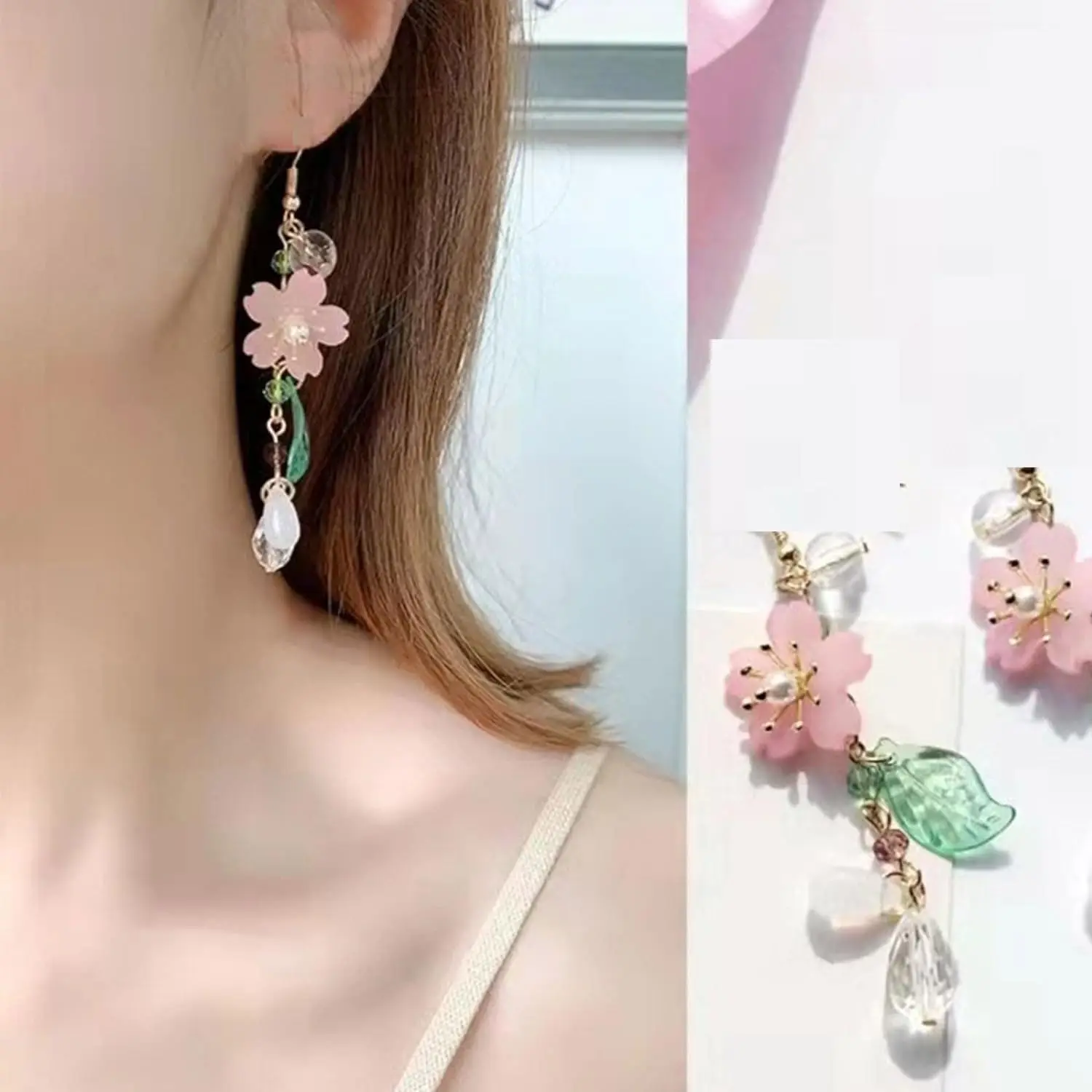 Pink Flower Clip on Dangle Earrings No Pierced for Women Crystal Leaf Dangling Earrings Statement Seaside Idyllic Birthday Gift