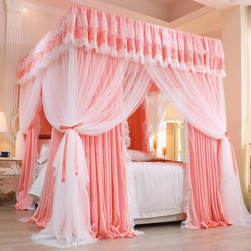 

Home Princess Style Bed Curtain Three-Door Light-Blocking Bed Curtain Floor-Mounted Mosquito Net