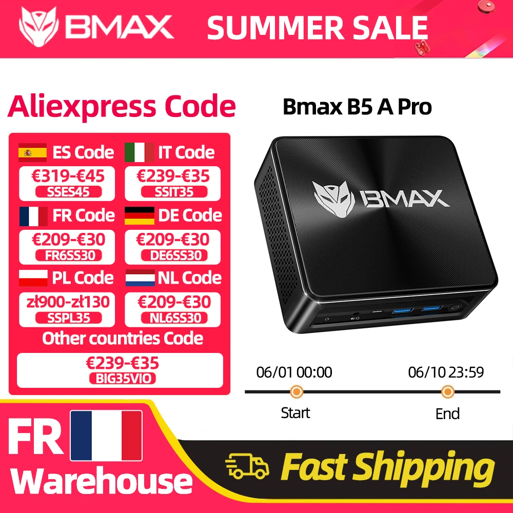 Mini PC BMAX B5 A Pro, processeur AMD Ryzen 7 5700U/5825U, carte graphique AMD Radeon, 16 Go de RAM (compatible jusqu'à 64 Go), DDR4, SSD NVMe 512 Go, Windows 11, WiFi.