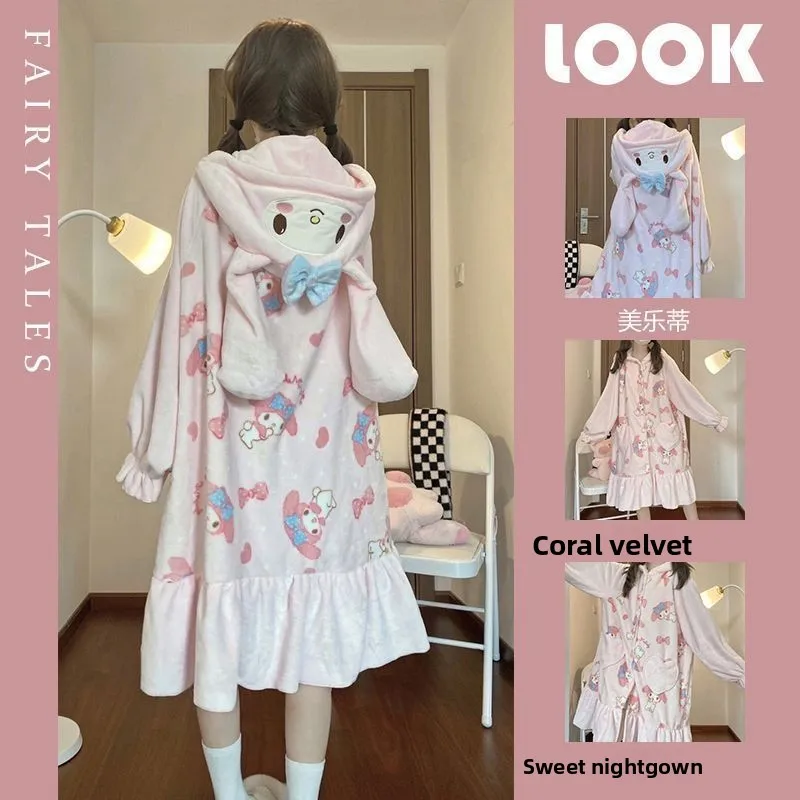 

Пижамы My Melody с милым персонажем мультфильма, плюшевая утолщенная теплая фланелевая домашняя одежда с капюшоном, бутиковые ночные рубашки, праздничные подарки