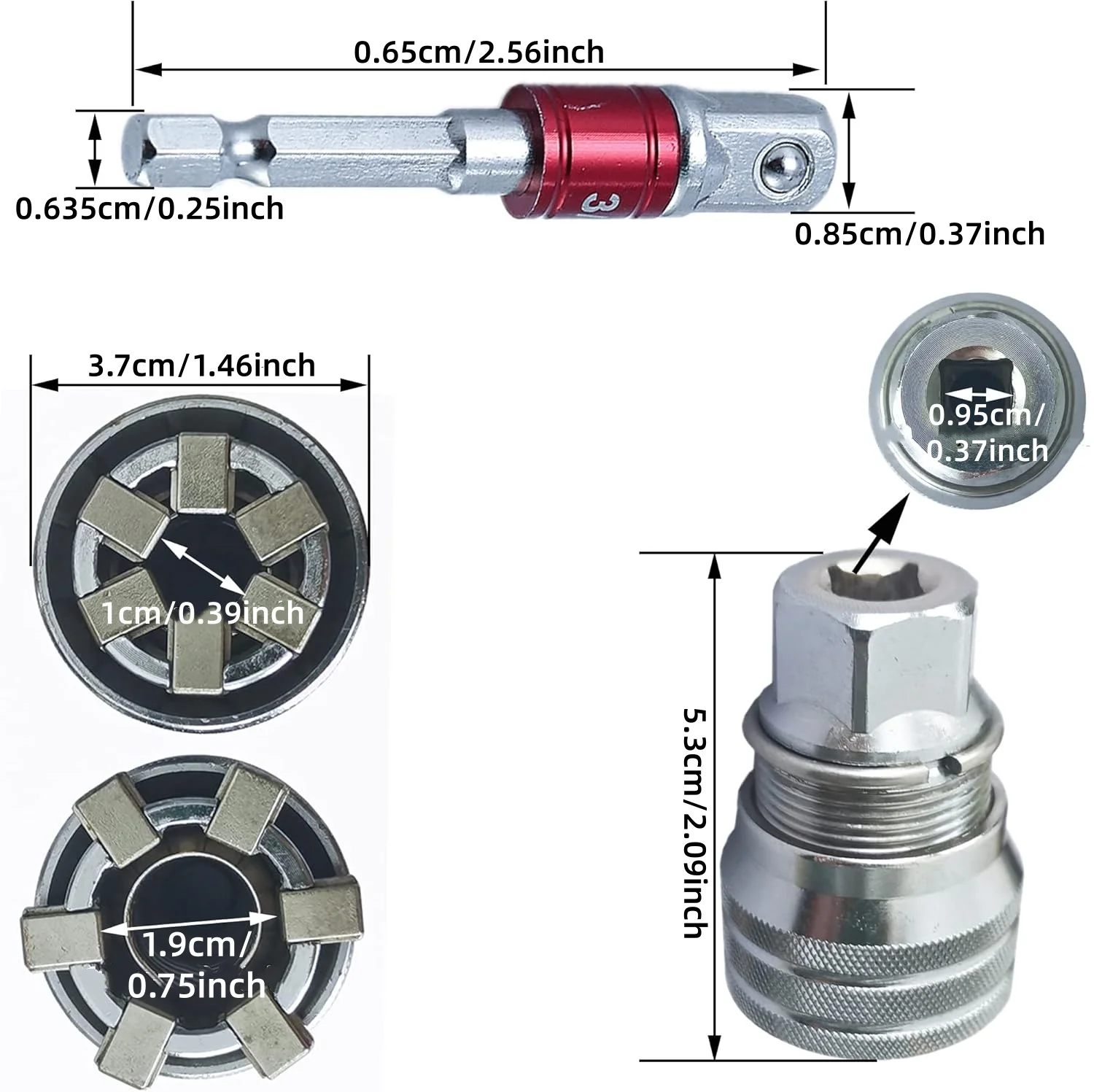 Universal-Steckschlüssel 10-19mm (3/8-3/4) mit 3/8 Bohreradapter, Verstellbarer Durchgangs-Steckschlüsselsatz für Mechaniker-Reparaturwerkzeug – Detail 3