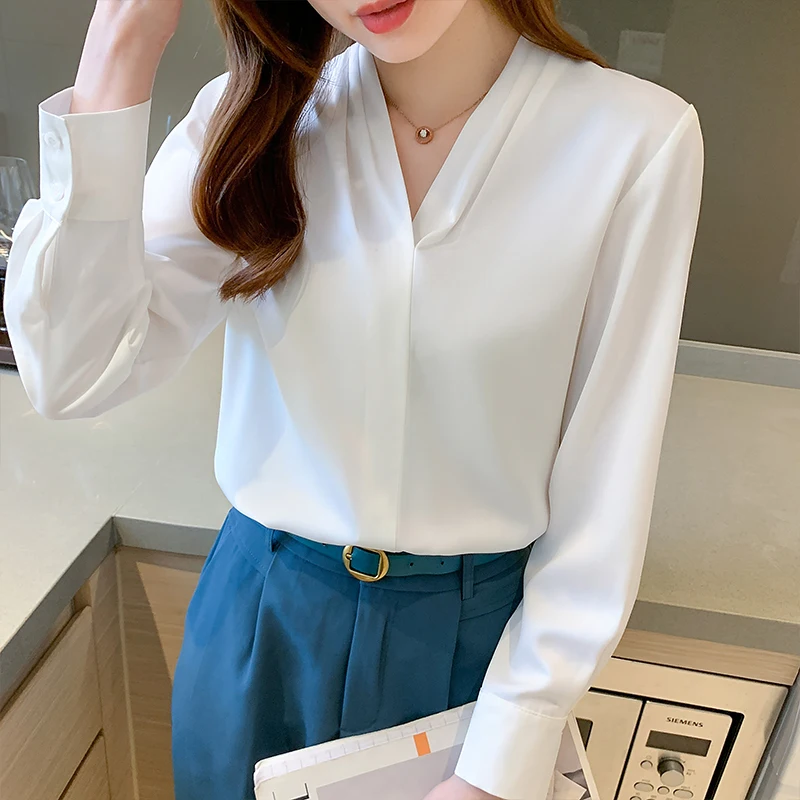 

Autumn Solid Stain V-Neck Women's White Blouse 2023 New Elegant Long Sleeve Korean Casual Loose Office Ladies Shirts Tops Female