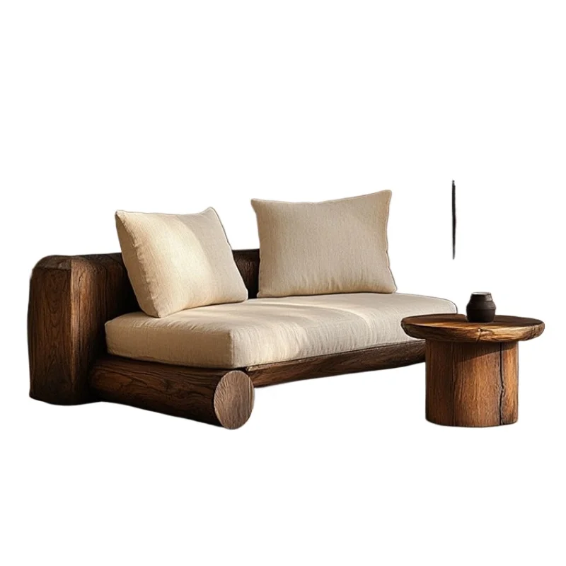 Retro wabi silent wind designer solid wood sofa tea room tea house straight row hotel rest area reception bed and breakfast