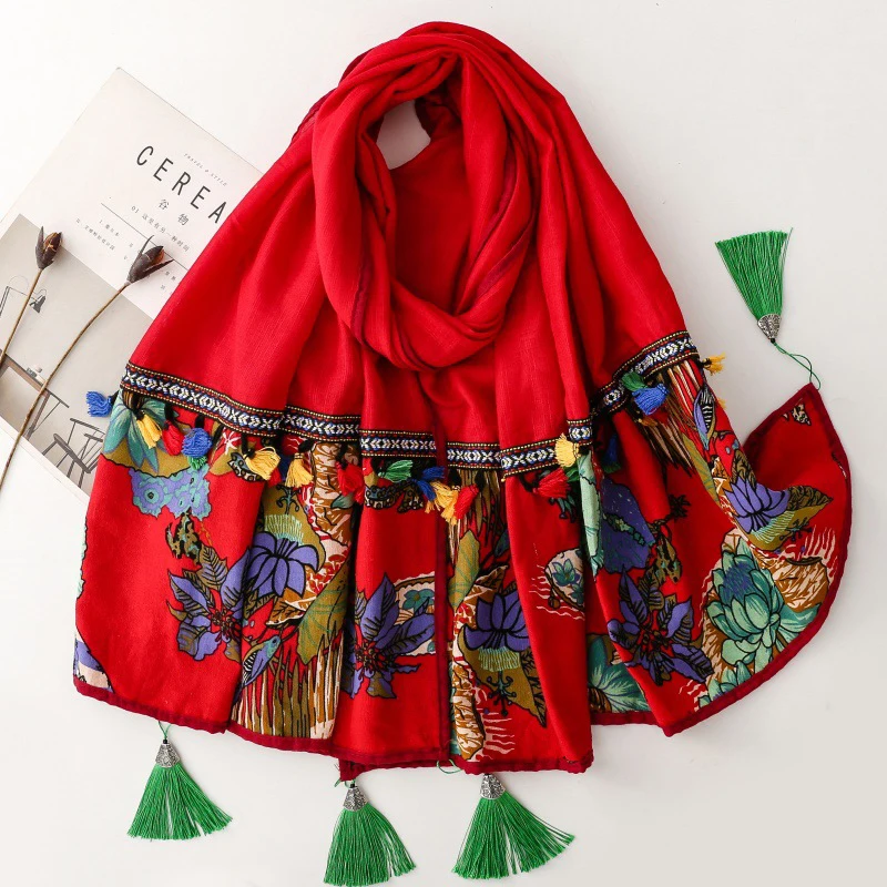 

Шарф-накидка 2026 в стиле ретро из хлопка и льна для женщин, с вышивкой и принтом, шелковая шаль, мягкий мусульманский хиджаб, теплый дорожный плащ, повседневная накидка-шарф