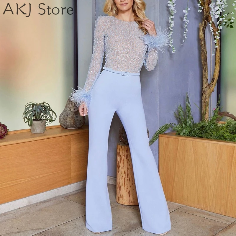 Shiny Romper Women Elegant Sexy Slim Overalls Fashion Feather Sequin Beads Stitching Party Jumpsuit With Belt