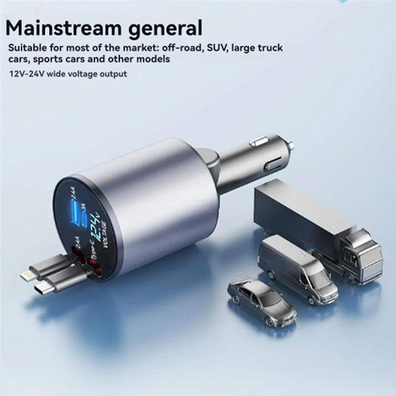 

Retractable Car Charger, 4-In-1 Fast Car Phone Charger Dual Type-C 120W Cigarette Lighter USB Car Charger Adapter