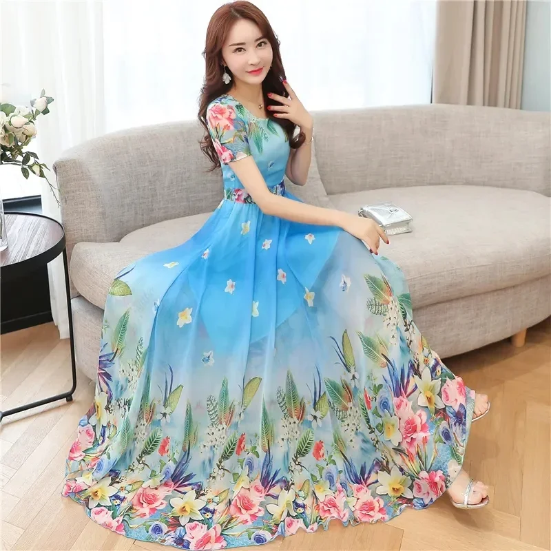드레스 여성 캐주얼 빈티지 짧은 소매 여름 드레스 고품질 쉬폰 Vestidos Boho 스타일 오-넥 꽃 드레스 JJ618