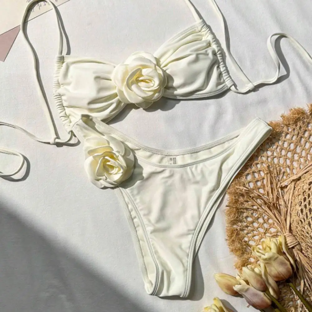 Conjunto de Bikini para mujer, Tirantes ajustables, espalda abierta, sujetador de decoración de flores 3D, conjunto de calzoncillos de secado rápido, ropa de playa, traje de baño brasileño