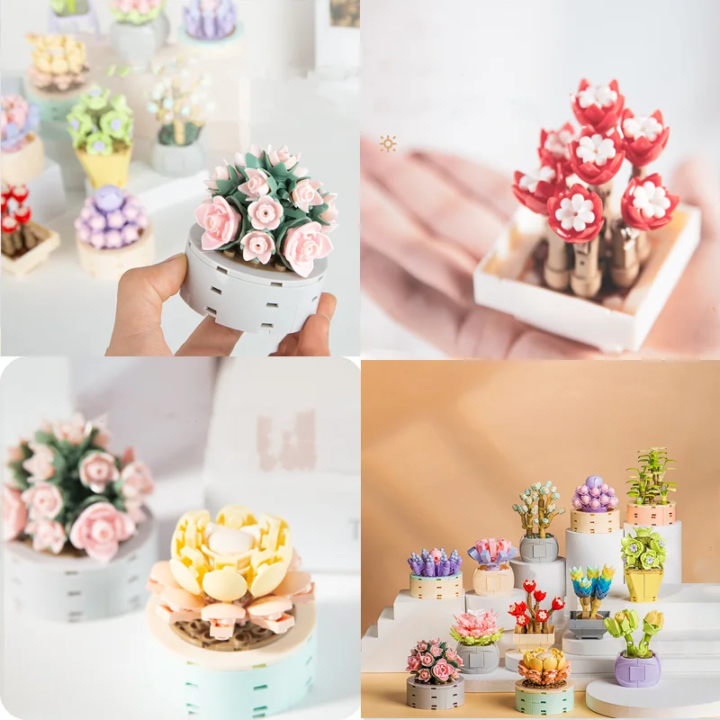 

4Pcs City Creativity Immortal Flower Blossoms Succulent Plant Building Blocks GirlsToys Flowers Pot Plants Women Gift Home Decor