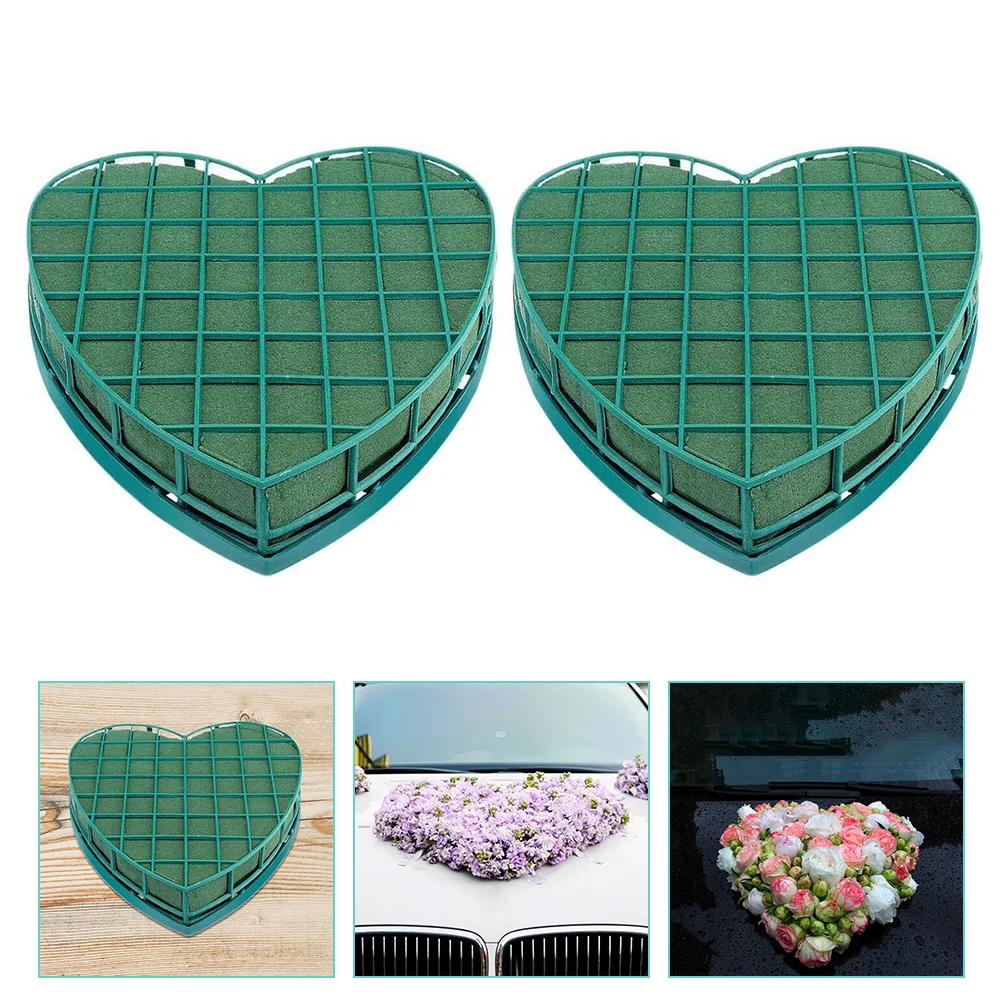 2 Pcs Heart Shaped Wedding Car Decor Flower Mud Tray Floral Foams Disc Cup 15# Mini Size Single Heart Base Greenery