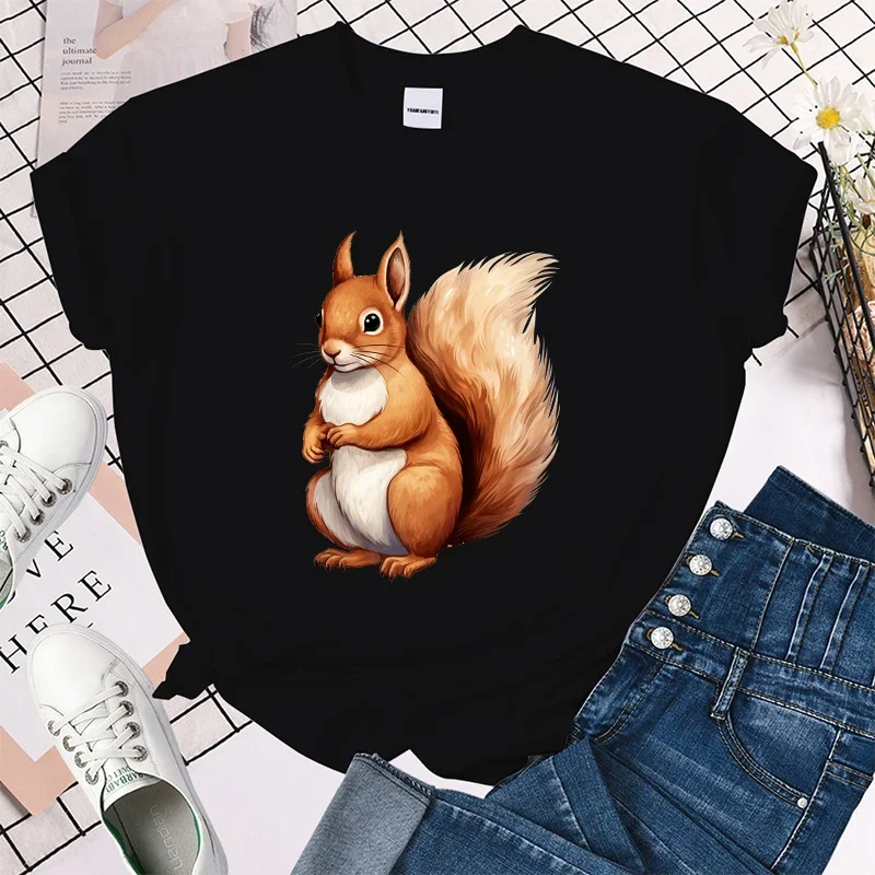 (Premium T-shirt)Fall Squirrel T-Shirts Women Short Sleeve Funny Round Neck Tee Shirt Casual Summer Tops