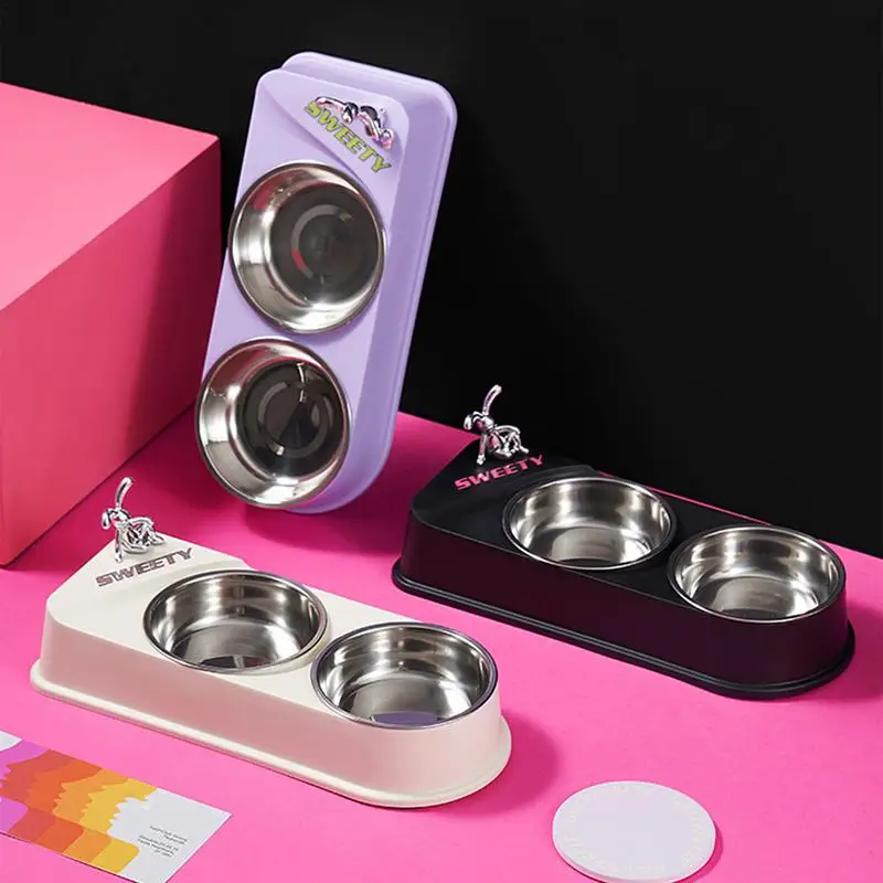 Double Dog Bowl Set Pet Puppy Food And Water Double Bowls Non-skid Pet Stainless Steel Bowls Pet Feeder Food Bowls For Dogs Cats