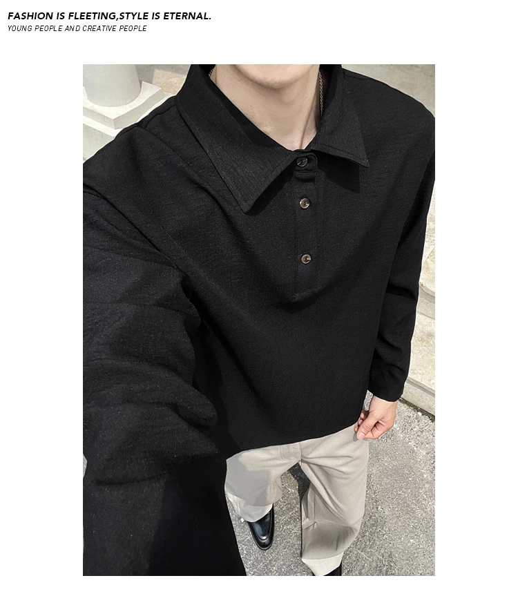 Minimalistisches Streetwear-Langarm-Poloshirt für Herren mit Reverskragen, meliertem Slub-Muster und weichem Material für alltägliche Freizeitaktivitäten. – Detail 19