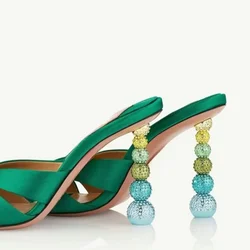 New Sweet Rhinestone 9.5cm Strange Style Heel Sandals Summer Elegant Banquet Wedding Brides Bridesmaids Women's Slippers 34-43