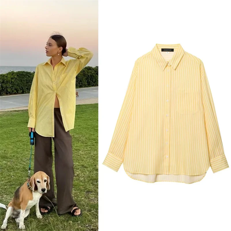 

Women's Blouse New Summer 2025 Yellow Striped Long Sleeve Loose Shirt Casual Boyfriend Style Stylish and lazy