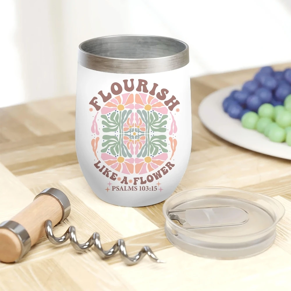Retro Floral Faith Vacuum Flasks 12oz Insulated Wine Tumbler Vacuum Coffee Mug Egg Shape Thermos Cup