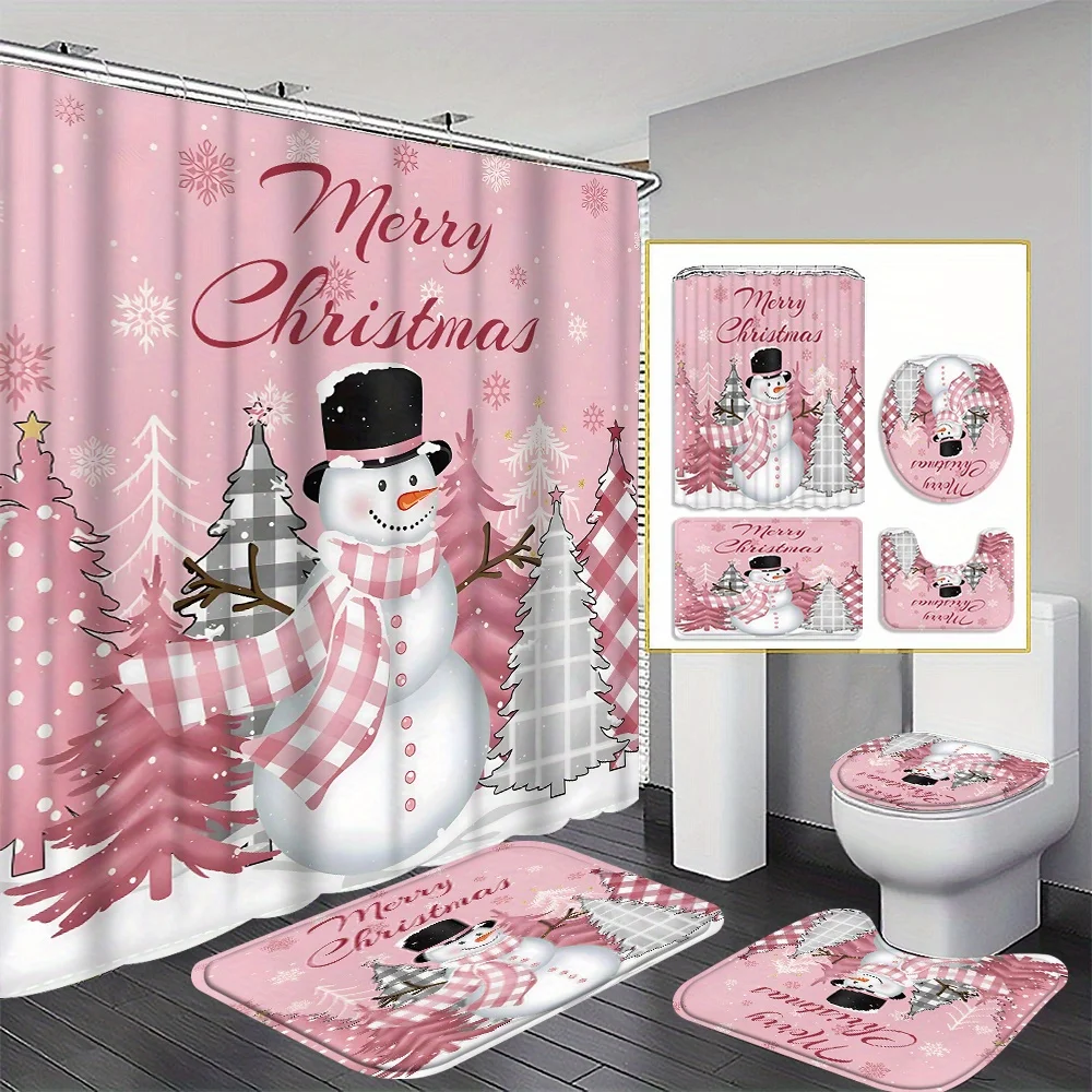 

4pcs Cute Pink Snowman Shower Curtain Set, with Hook and U-Shaped Toilet Seat Cover, Bathroom Accessories, Christmas Decoration