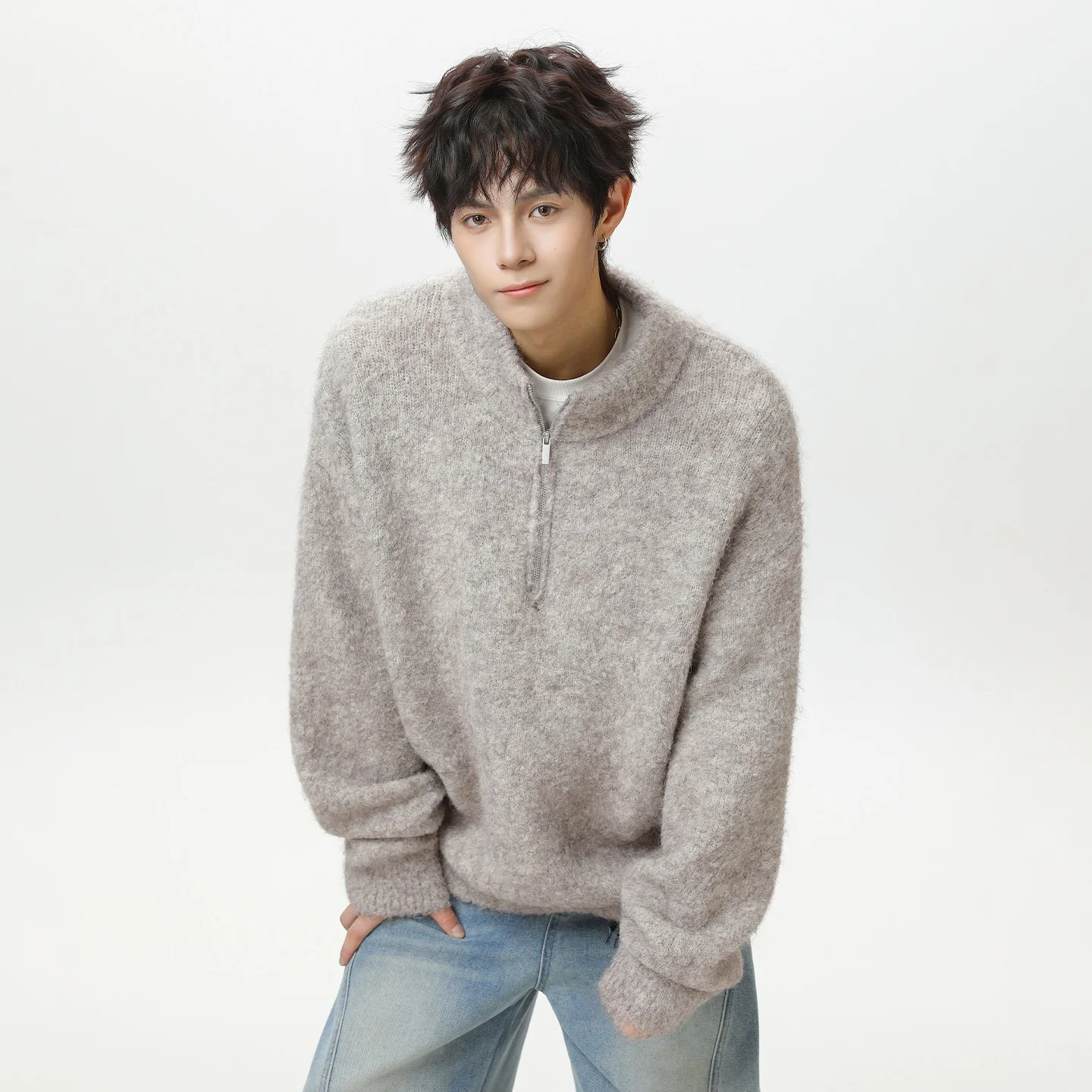 

Мужской свитер на молнии с воротником-стойкой, осенне-зимний, повседневный, свободный, с длинным рукавом, вязаный, комфортный, в стиле кэжуал