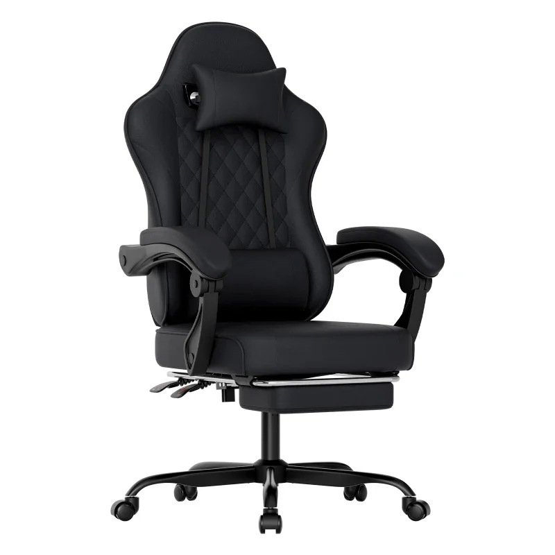 Chaise de jeu ergonomique avec support lombaire, appui-tête et accoudoirs réglables, chaise de bureau inclinable de 90 à 145 degrés avec repose-pieds pour la maison.