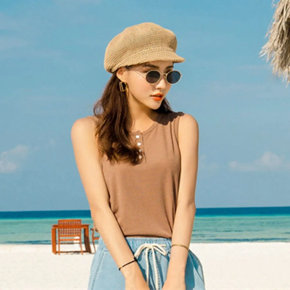 Korean Version Solid Beret Painter Hat Summer Beach Hat Breathable Knitted Straw Hat Anti-uv Outdoor Sunscreen Hat Octagonal Hat