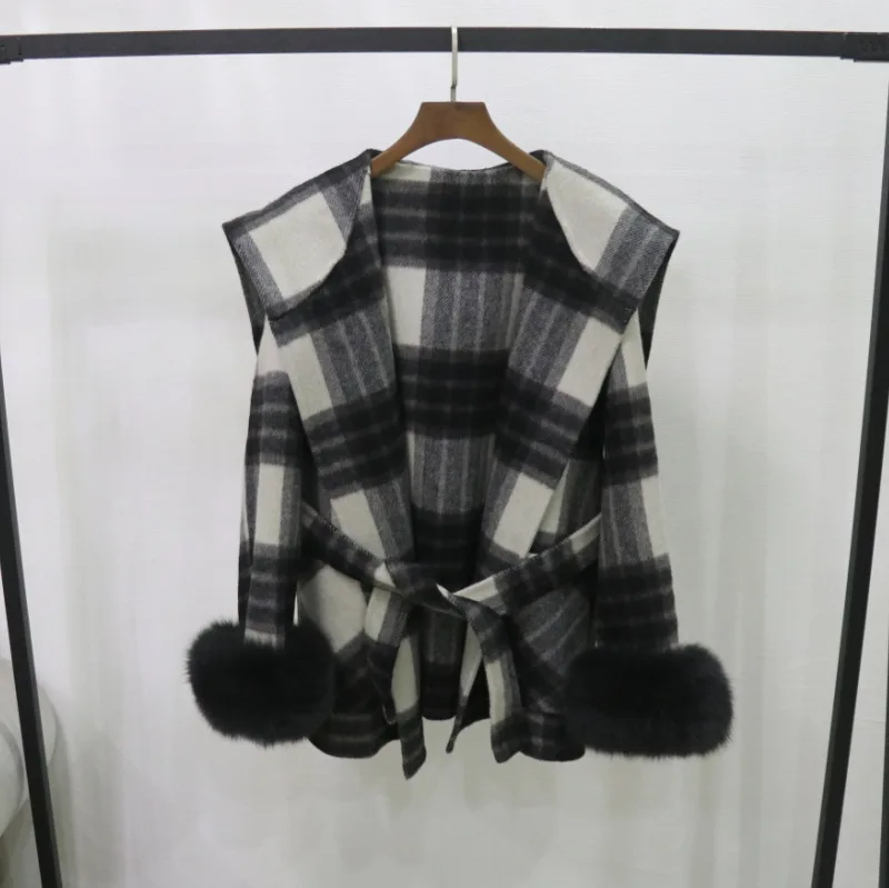 

2026 шерстяное пальто в клетку с капюшоном, пояс, двусторонние манжеты, пальто в клетку из лисьего меха, съемное двустороннее пальто в клетку из лисьего меха