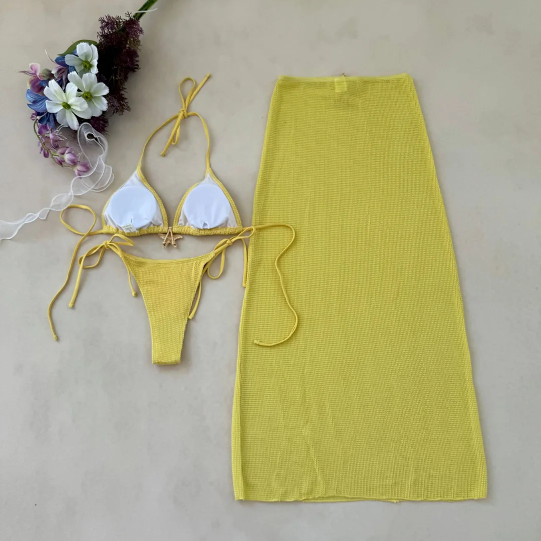 Metall-Stern-Halter-Bikini, Damen-Badeanzug, Damen-Badebekleidung, dreiteiliges Bikini-Set mit Rock, gepolsterter Badeanzug, Badebekleidung, Modell V6740Y. – Detail 32