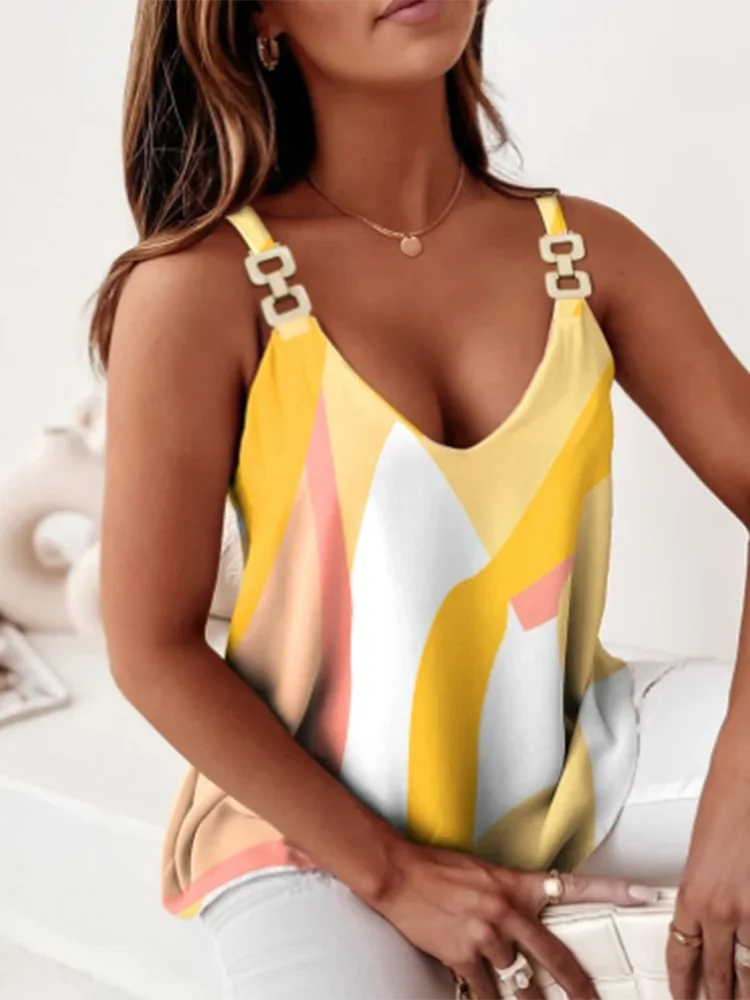 GELITAYIN V-neck Sleeveless Sexy Short Sleeve Metal Sheet Geometric Print Women's Top Fashion Elegant Commuting Style Summer Top