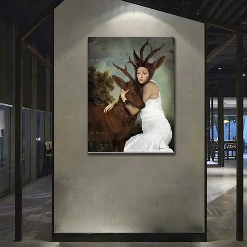 Holding An Elk And A Woman With Antlers And She's Wearing A White Dress Room Wall Is Decorated With By Ho Me Lili