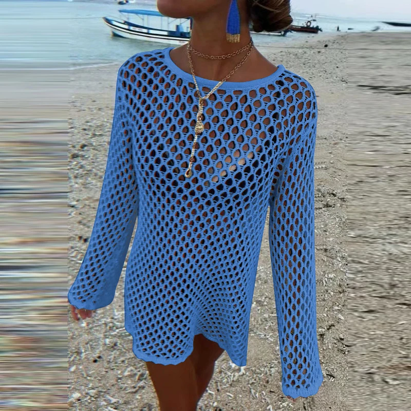 Seaside Hollow Out One Piece Vacation Covers Summer Solid knitted Fish Mesh Pullover Tops 2025 Long Sleeve White Full Dresses