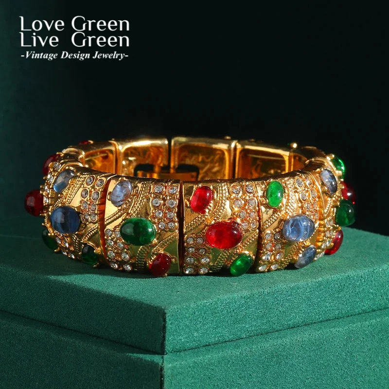 

Vintage Wide Gold Color Bangle Bracelets For Jewelry Elastic Natural Stone Blue Green Red Glass Woman Retro Accessories 2025 New