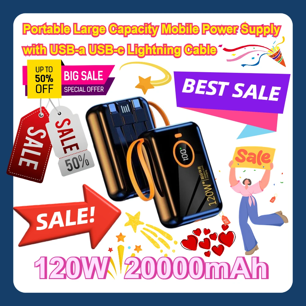 

For IPhone Huawei 120W Power Bank 20000mAh Portable Large Capacity Mobile Power Supply with USB-a USB-c Lightning Cable