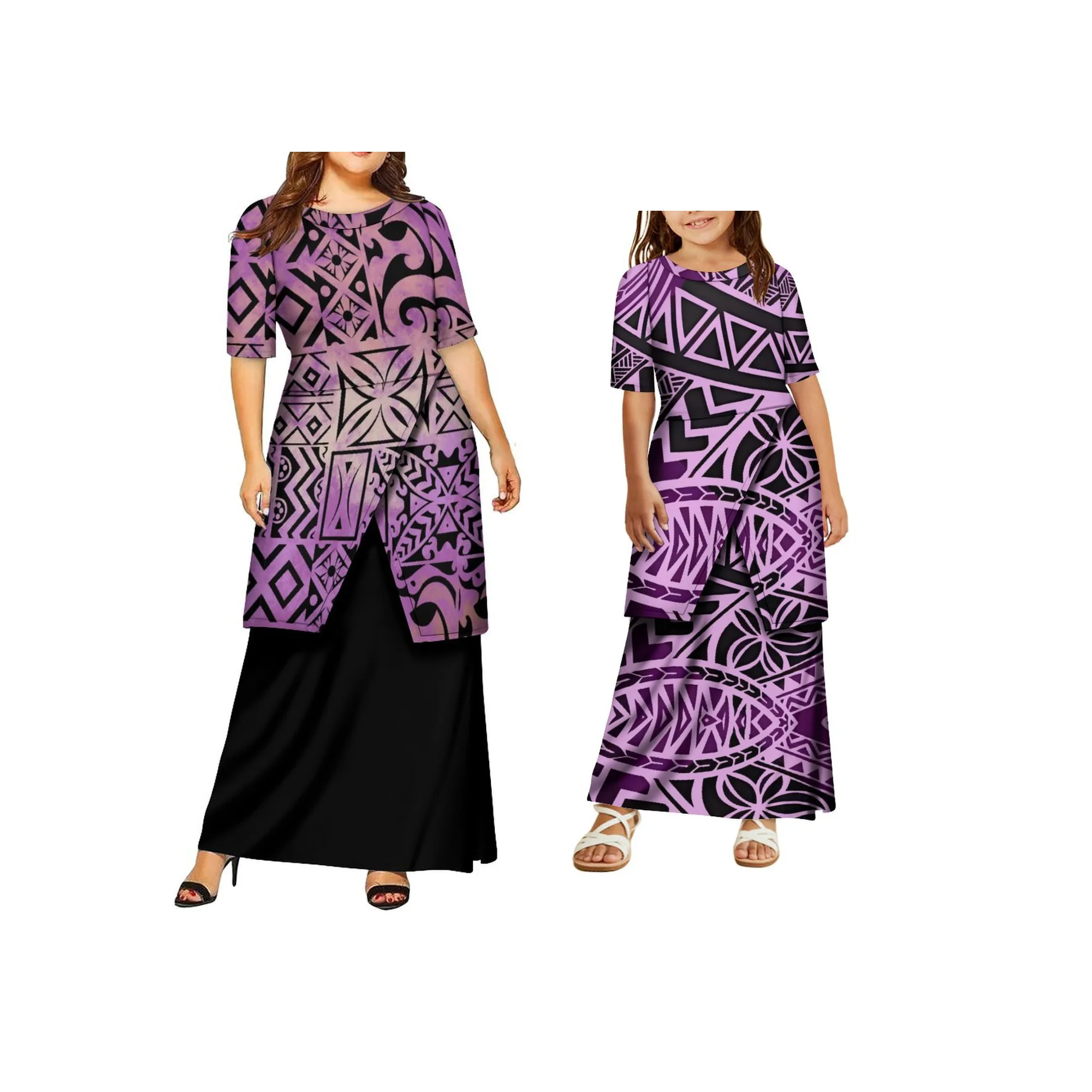 فستان صيفي مخصص للأم والبنت بتصميم على الطراز البولينيزي مكون من قطعتين فستان ساموا Puletasi برقبة دائرية نصف كم