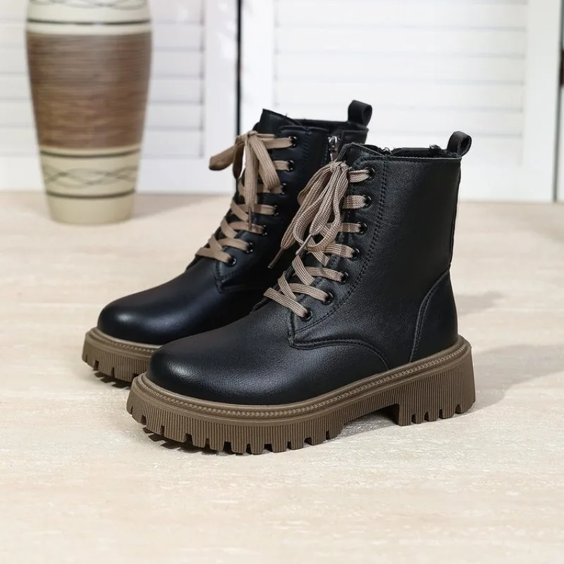 

Fashion Cotton Boots Winter New Round Toe Lace-Up Front Platform Side Zipper Anti-Slip Wear-Resistant Booties Plus Size 41 42