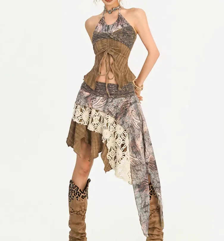Spring Summer New Sexy Women Heavy Industry Splicing Skirt Fashion Versatile Irregular A-line Street Vintage Brown Long Skirts
