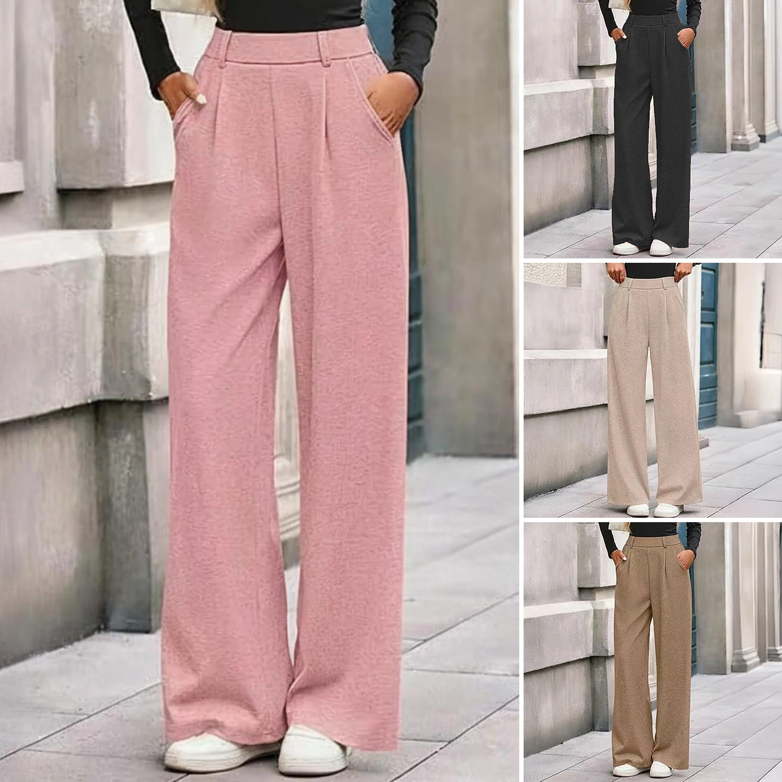 High-waist Dress Pants Stylish Women\'s High Waist Wide Leg Pants with Pockets for Casual Beach Streetwear Fashion Wide-leg Pants