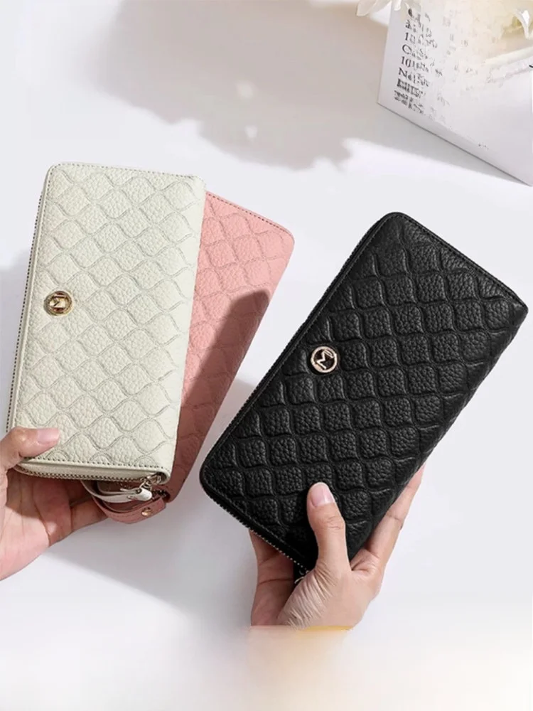 fashionable-top-layer-cowhide-leather-long-wallet-women's-handbag-multi-card-slot-straw-man-wallet-korean-style-crossbody-bag