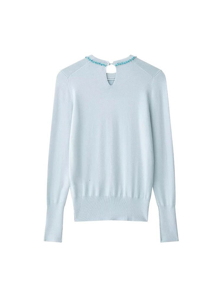 유럽 스타일 신상 여성 패션 다용도 기품 있는 단색 라운드넥 긴팔 쥬얼리 스웨터