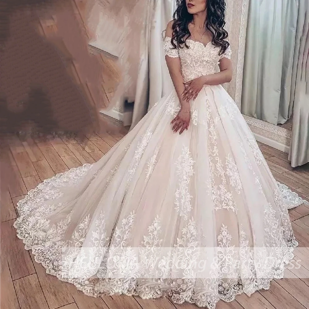 Princess Ball Gown Wedding Dress off shoulder lace up plus size robe de mariee Lace Appliques Wedding Bridal Gown