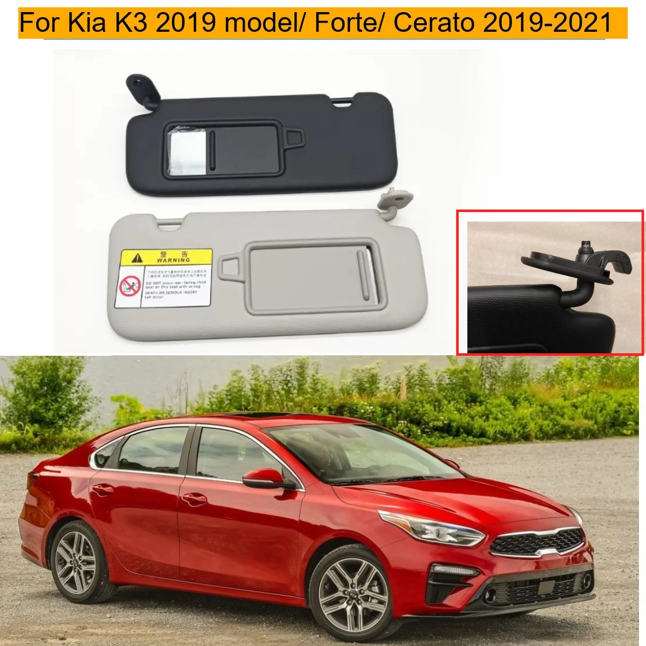 Black Car Sun Visor with Makeup Mirror Fit for Kia K3 Forte Cerato 2019-2021 Interior Sun Shade Guard OE:85210-Q81000WK 85220-Q8