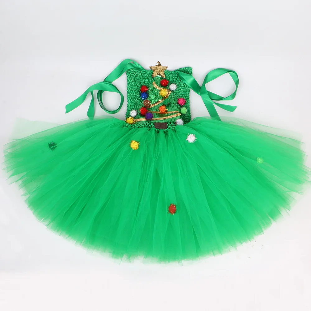 Theeper Christmas Tree Tutu Dress Green Glitter Mesh Sling Fluffy Tulle Full Set Xmas New Year Stage Show Holiday Party Costume
