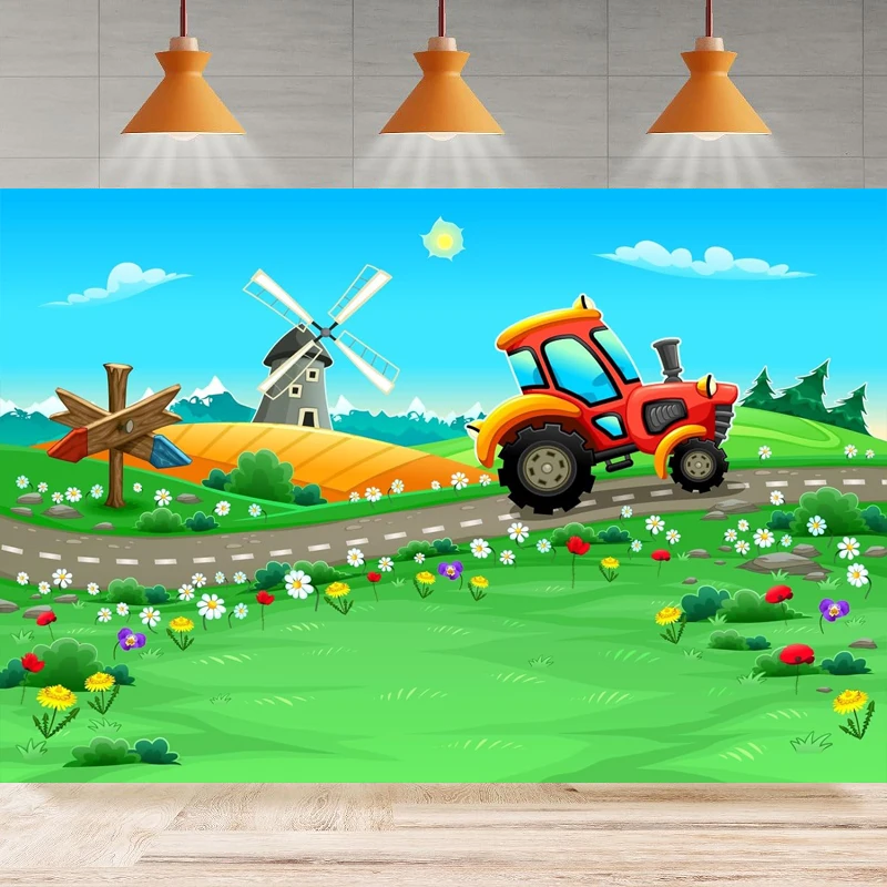 Cartoon Farm Tractor Photography Backdrop Road Farm Field Farmland Village Farm Scenery Background Party Backdrop Wall Banner