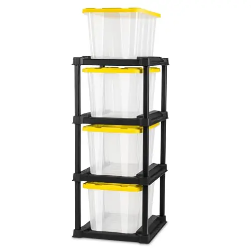 4-Tier Tote Rack & 4-Pack 27 Gallon Storage Box, Shelf and Tote Organizers - Plastic Shelving Unit and Container Bins