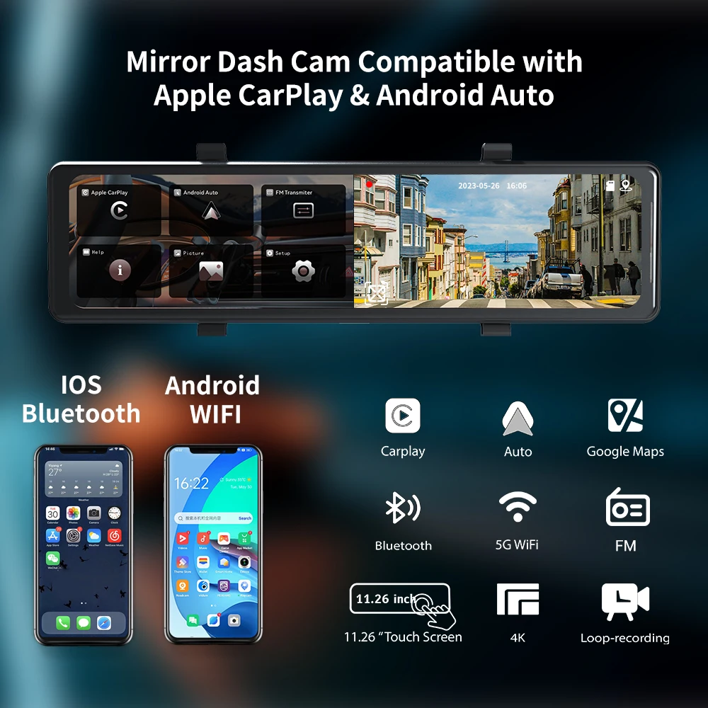 Carlover AI driving recorder 10.26 inch touch screen 4K CarPlay Android Auto mirror link reversing image dual lens night vision
