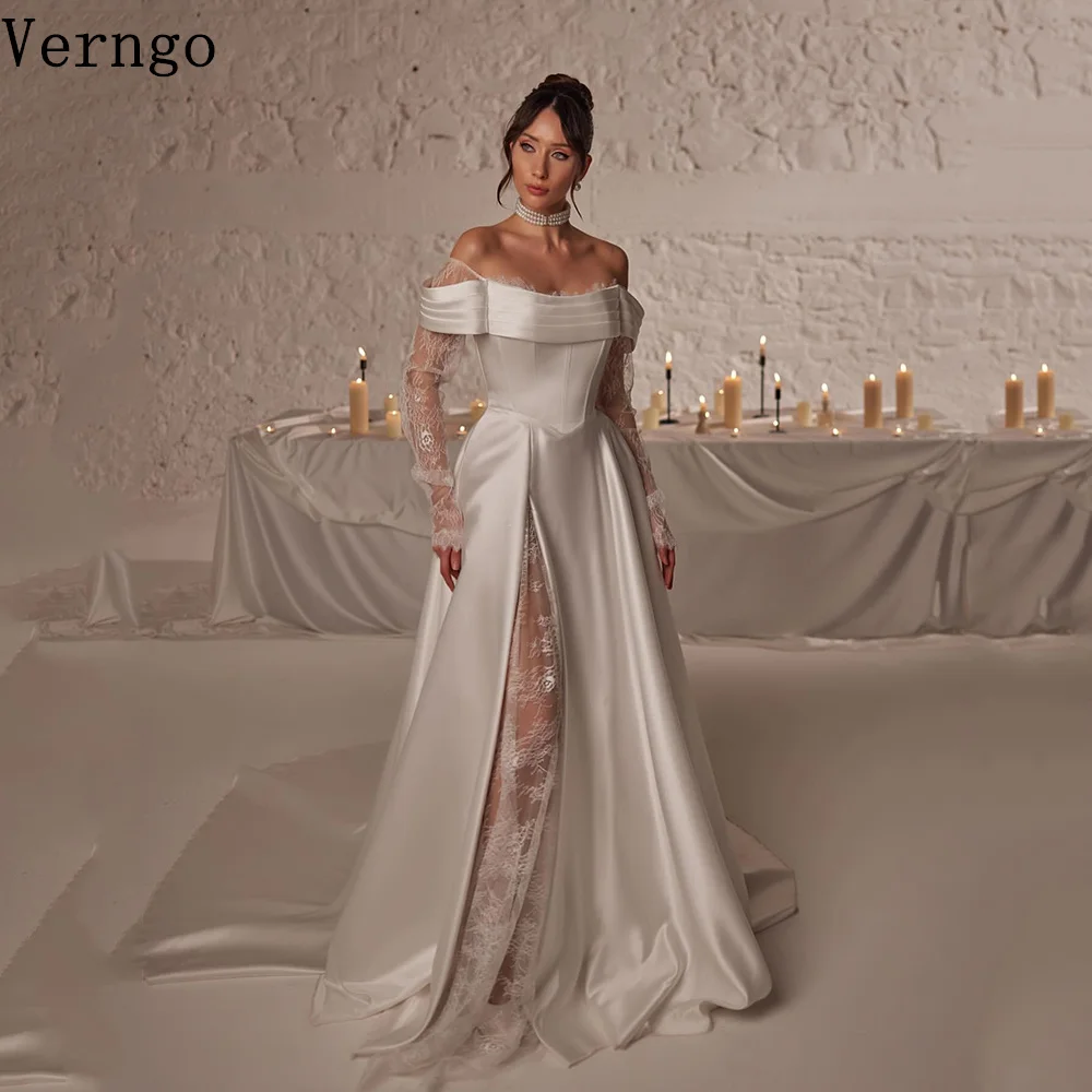 

Verngo lvory Satin Wedding Dress Off The Shoulder A Line Bridal Gowns Lace Sleeves Elegant Side Slit Bride Dresses Customized