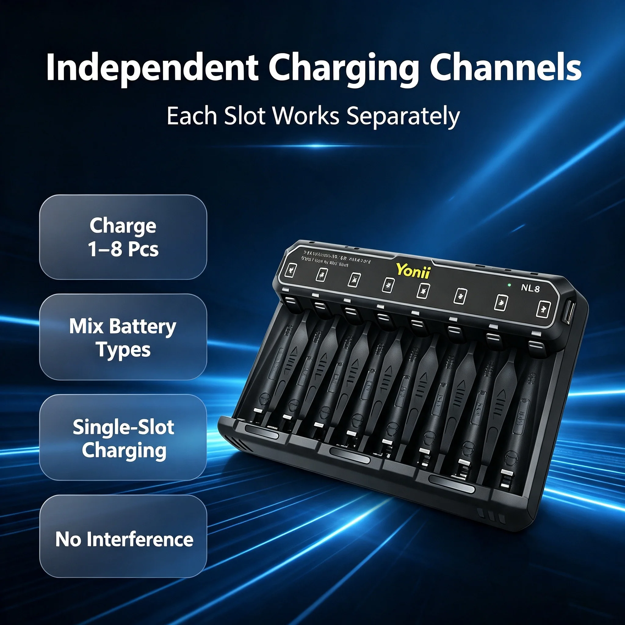 8 Slot Smart Charger Independent Mixed Charging NL8 Type-C Auto Stop Protection for 1.2V Ni-MH Ni-Cd 1.5V Li-ion AA AAA Battery