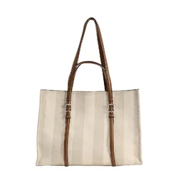 Large-capacity Canvas Bag Female 2024 New Contrast Retro Portable Tote Bag Commuting One-shoulder Messenger Bag in Class